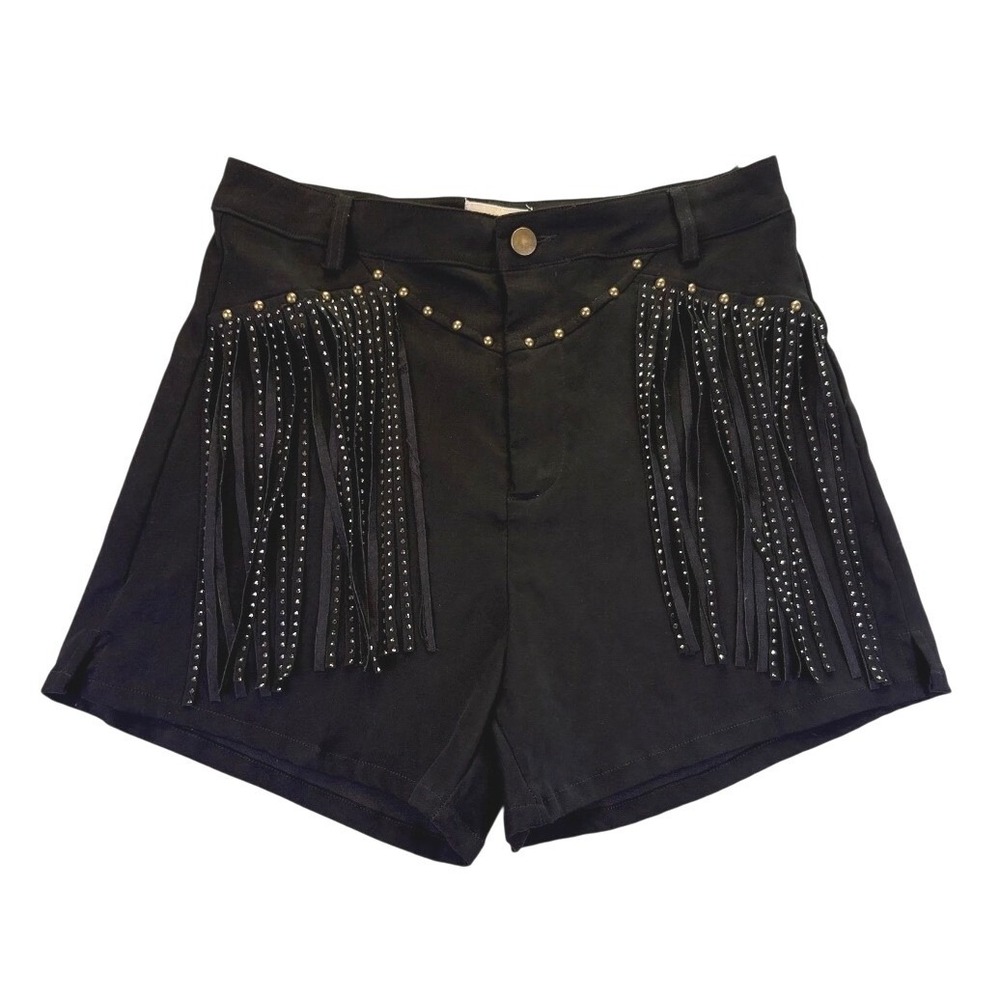 Sterling & Stitch Women's Black Studded Fringe Western Shorts M Western Rodeo
